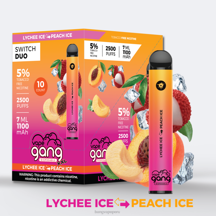 Vape Gang Switch Duo 2 sabores (caja de 10) - Bang Vape Lima - hielo de lichi - hielo de melocotón F8NHH42