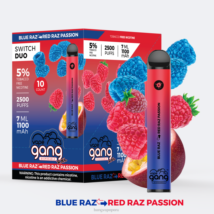 Vape Gang Switch Duo 2 sabores (caja de 10) - Vape Gang box - razz azul - pasión razz rojo F8NHH41