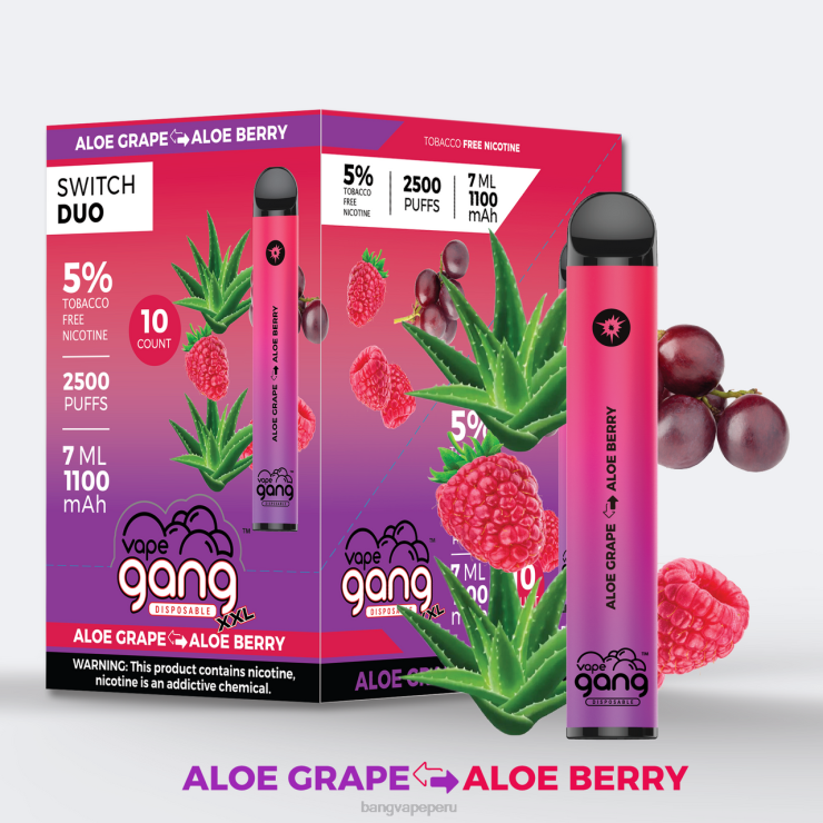 Vape Gang Switch Duo 2 sabores (caja de 10) - vape desechable Bang - uva de aloe - baya de aloe F8NHH39
